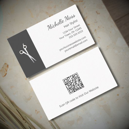 QRコード美容師シンプルシザーズグレーホワイト 名刺