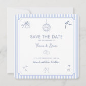 QRコード落書き手描きフランス青い結婚式 セーブザデート (正面)