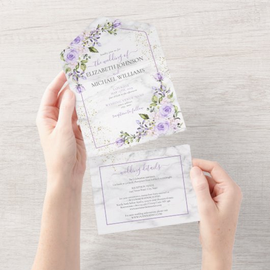 QRコード薄紫ラベンダー金ゴールド大理石フローラ結婚ズ オールインワン招待状 (貼ってはがせる)