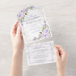 QRコード薄紫ラベンダー金ゴールド大理石フローラ結婚ズ オールインワン招待状