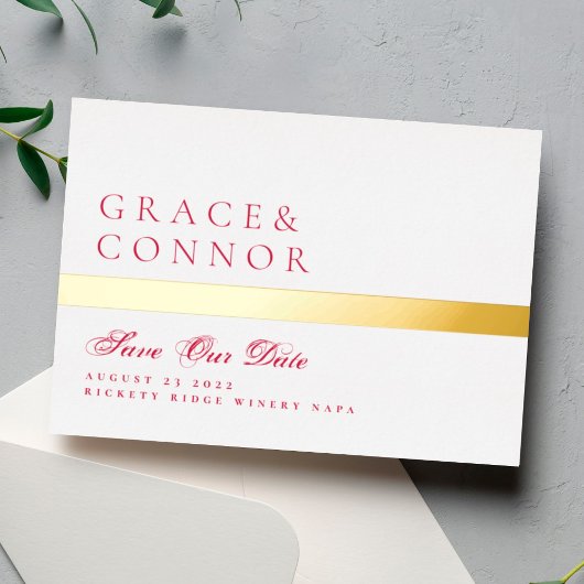 QRコード赤マゼンタストライプの写真保存日付 箔招待状