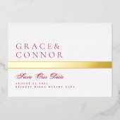 QRコード赤マゼンタストライプの写真保存日付 箔招待状 (正面)