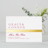 QRコード赤マゼンタストライプの写真保存日付 箔招待状 (立ち正面)