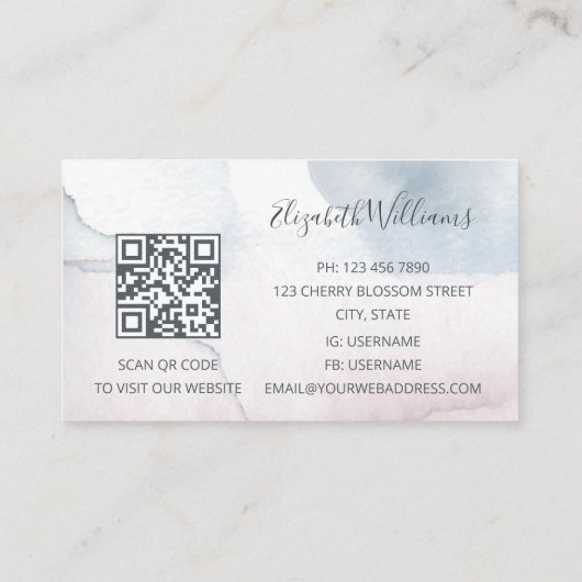 QRコード赤面ほこりっぽい青い水彩背景 名刺 (裏面)