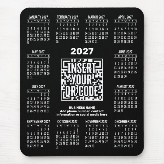 QRコード連絡先情報付きカレンダー 2027 ブラック マウスパッド (正面)