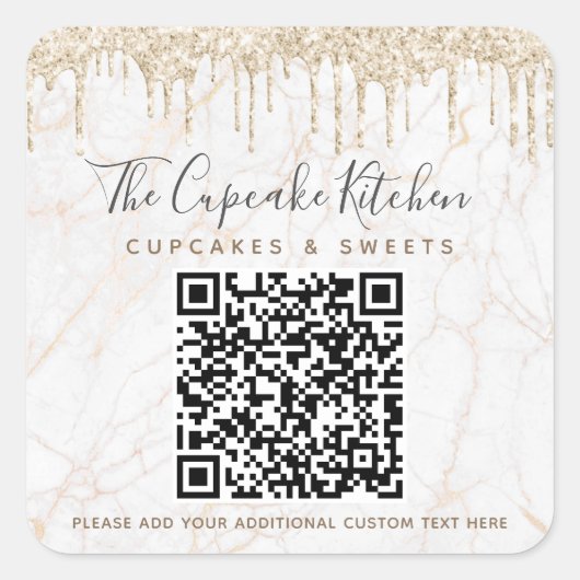 QRコード金ゴールドグリッター大理石ドリップビジネス名 スクエアシール (正面)