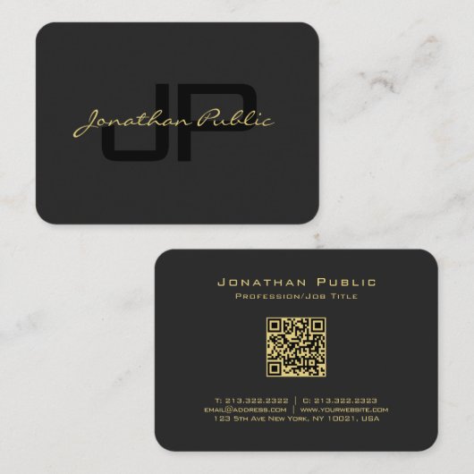QRコード金ゴールドスクリプト文字エレガントブラックマイティ 名刺 (正面/裏面)