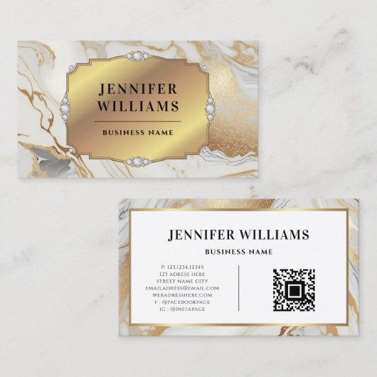 QRコード金ゴールドフレームエレガント白大理石モダン 名刺 (正面/裏面)
