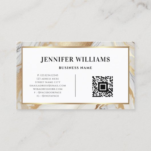 QRコード金ゴールドフレームエレガント白大理石モダン 名刺 (裏面)