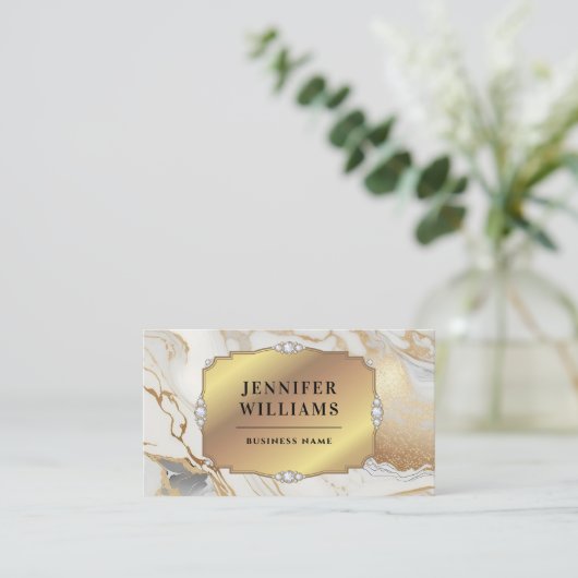 QRコード金ゴールドフレームエレガント白大理石モダン 名刺 (スタンド正面)