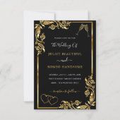 QRコード金ゴールドブラックハート結婚式招待状 (正面)