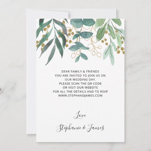 QRコード金ゴールドユーカリプタスベリー結婚式招待状 招待状 (裏面)