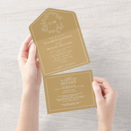 QRコード金ゴールドリーフィクレストモノグラム結婚ズ オールインワン招待状