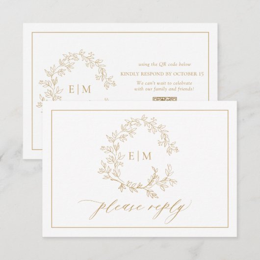 QRコード金ゴールドリーフィクレストモノグラム結婚ズ 出欠カード (正面/裏面)