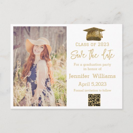 qrコード金ゴールド写真の卒業日を保存 案内ポストカード (正面)