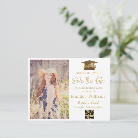 qrコード金ゴールド写真の卒業日を保存 案内ポストカード (スタンド正面)