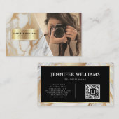 QRコード金ゴールド白大理石フォトグラファーモダン 名刺 (正面/裏面)