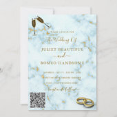 QRコード金ゴールド白大理石結婚式招待状 (正面)