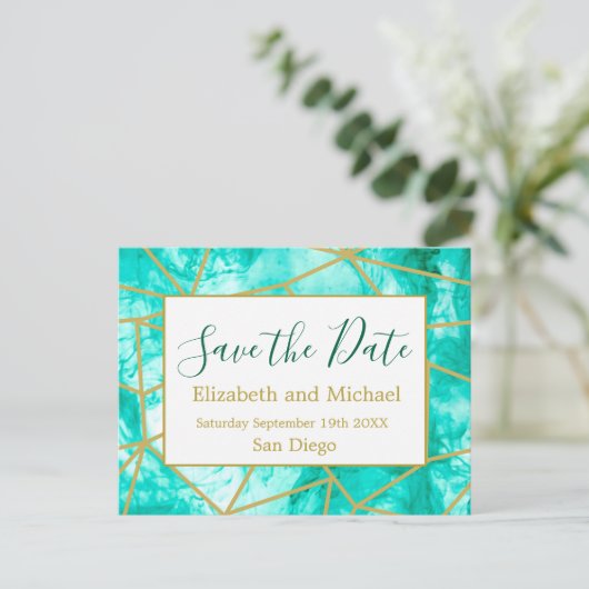 QRコード青金ゴールドモダン水彩保存日 案内ポストカード (スタンド正面)