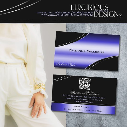 QRコード頭が切れる付き黒い青い曲線デコールライン 名刺