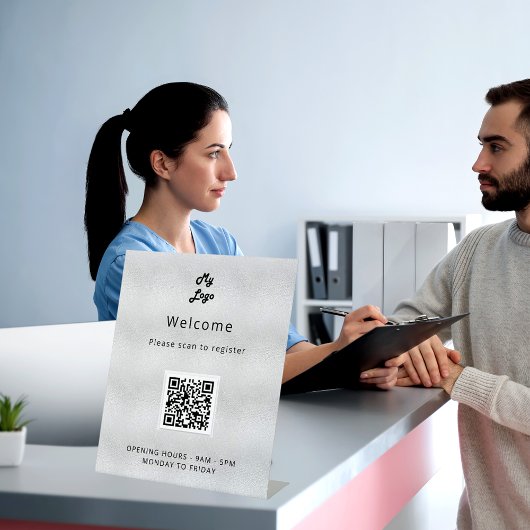 QRコード顧客登録シルバーウェルカム 台座サイン