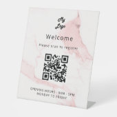 QRコード顧客登録ピンク大理石へようこそ 台座サイン (正面)