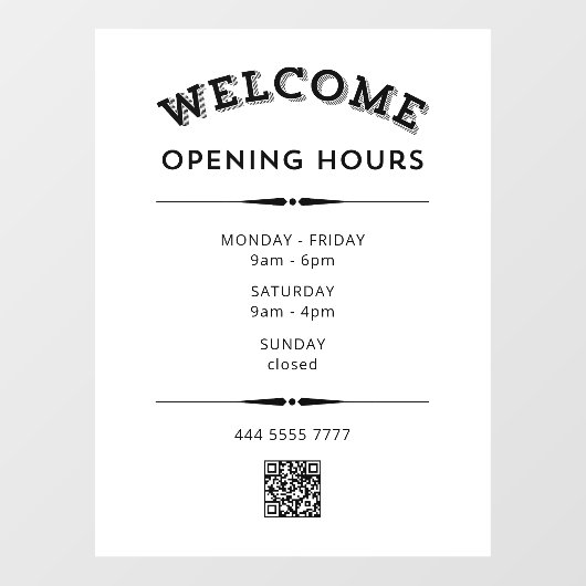 QRコード黒を白に設定したウェルカムオープン時間 ウィンドウサイン (シート)