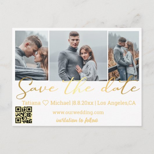 qrコード3フォトコラージュの金ゴールドを保存す結婚る 案内ポストカード (正面)