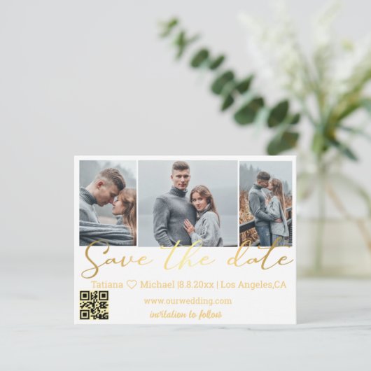 qrコード3フォトコラージュの金ゴールドを保存す結婚る 案内ポストカード (スタンド正面)