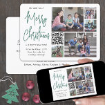 QRコード5写真私たちは喜んでクリスマスグリーン シーズンカード<br><div class="desc">今年は祝QRコー疑問に思ドの写真コラージュのおもしろいを使ったテクノロジーの喜びモダン。共有5あなたのお気に入りの写真だけでなく、オンラインのビデオメッセージ、曲、フォトアルバム、または他のwebサイト。このテンプレート上のすべての文字シンプルは、ハッピーホリデー、季節のごあいさつ、新年の応援などの任意の用語を含むようにパーソナライズするである。「We wish 読 your Merry Christmas and a Happy New Year」というメッセージは、曲の歌詞や好きな文字に違う変更できる。(画像の配置のヒント：写真を中心に正確にシンプル撮る方法は、Zazzleウェブサイトにアップロードする前にトリミングする。 ミニマモダンリストの黒、白および緑のデザインは、トレンディー手書きスタイルスクリプトタイポグラフィ、スキャン可能なQRコード、お好みの5つの写真を持つユニークフォトグリッドを備えている。家族や友人は、このカードをスキャンして表示するエレガントことが好きになカスタマイズる。</div>