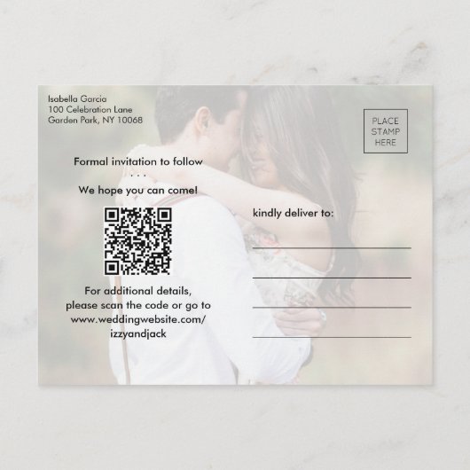 QRコード5枚モダンの写真結婚式の日付を保存 案内ポストカード (裏面)
