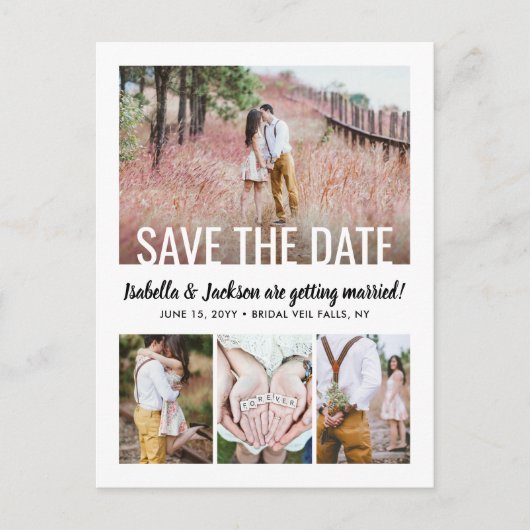 QRコード5枚モダンの写真結婚式の日付を保存 案内ポストカード (正面)