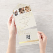 QRコード アイボリー ゴールド フラワーの結婚式 オールインワン招待状 (貼ってはがせる)
