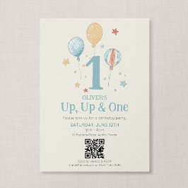 QRコード アップアップワン ビンテージ風バルーン 初めての誕生日 招待状