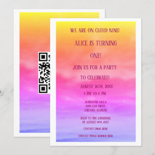 QRコード クラウドナイン 女の子の誕生日パーティー 1歳 ピンク 招待状