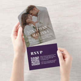 QRコード | シンプル ダークオーキッド パープル フォト ウェディング オールインワン招待状