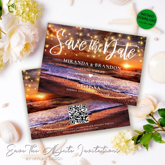 QRコード – トロピカルサンセットビーチ日付カードを保存 招待状