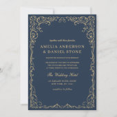 QRコード ネイビーブルー ゴールド ミニマル ウェディング 招待状 (正面)