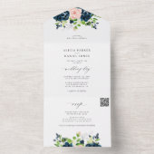 QRコード ネイビー ピンクの優雅な花のウェディング オールインワン招待状 (内側)