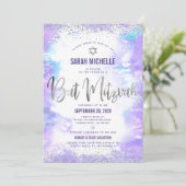 QRコード バット・ミツバ・パープル・ウォーターカラー・シルバー・ホイル 招待状 (スタンド正面)