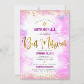 QRコード バット・ミツバ・ピンク 水彩 ゴールド グリッター 招待状 (正面)