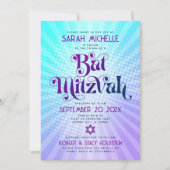 QRコード バット・ミツバ・レトロ ブルー パープル グラデーション ファン 招待状 (正面)