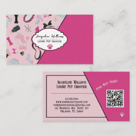 QRコード ピンクの女の子っぽい ミッドセンチュリー ペットグルーマー 名刺