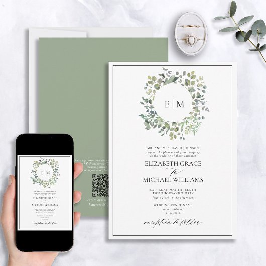 QRコード フォーマル サージブルー ユーカリ モノグラム 招待状