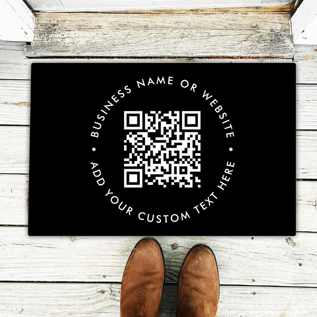 QRコード |ブラック・ビジネスモダンへようこそミニマル ドアマット (Interactive editable QR code entrance doormats to promote your business, products or services.)