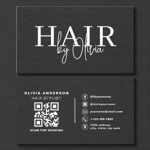 QRコード ヘアスタイリスト ブラックリネン タイポグラフィ 名刺