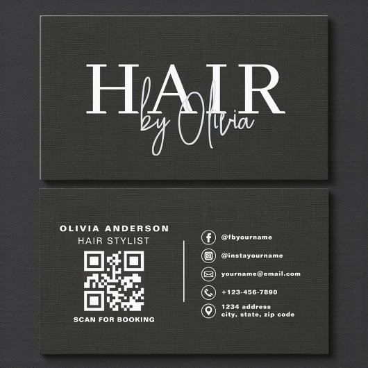 QRコード ヘアスタイリスト ブラックリネン タイポグラフィ 名刺