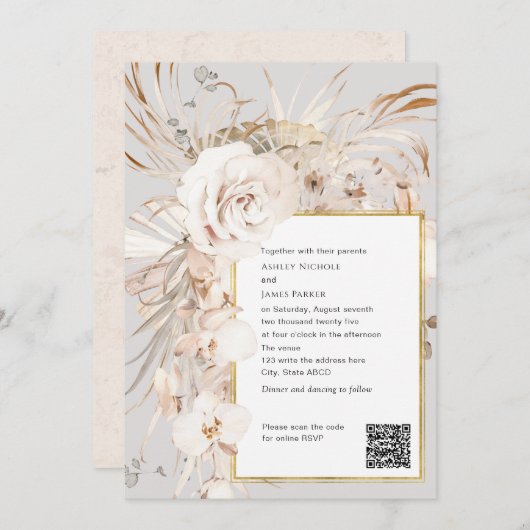 QRコード、ベージュエレガントウォーター色フローラ結婚のI 招待状 (正面/裏面)