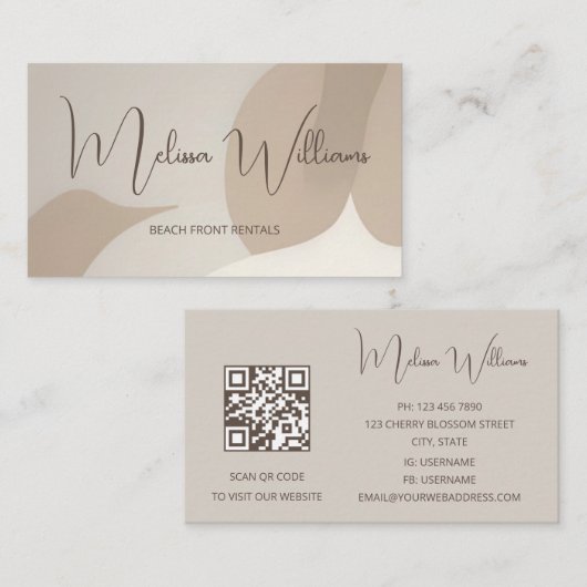 QRコード |ベージュ抽象芸術アートイニシャル 名刺 (正面/裏面)