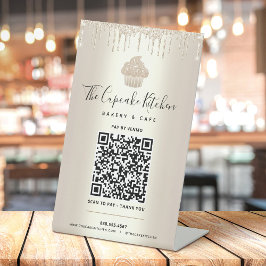 QRコード ペイ・ヒア ゴールド カップケーキ ギター ドリップ ベーカリー 台座サイン